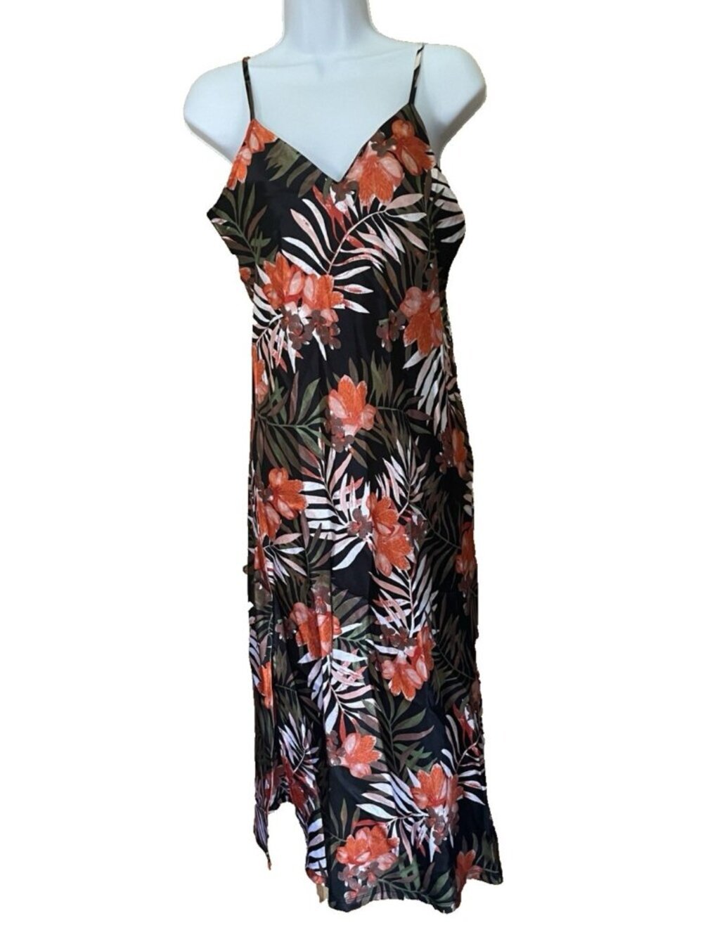 Hot Kiss Womens Dark Tropical Satin Slip Dress Size M Multicolor Spaghetti Strap